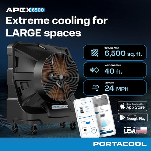 Portacool Apex 6500 evaporative cooler - 6,500 sq ft cooling area, 40 ft airflow reach, 24 MPH velocity with CoolSync app