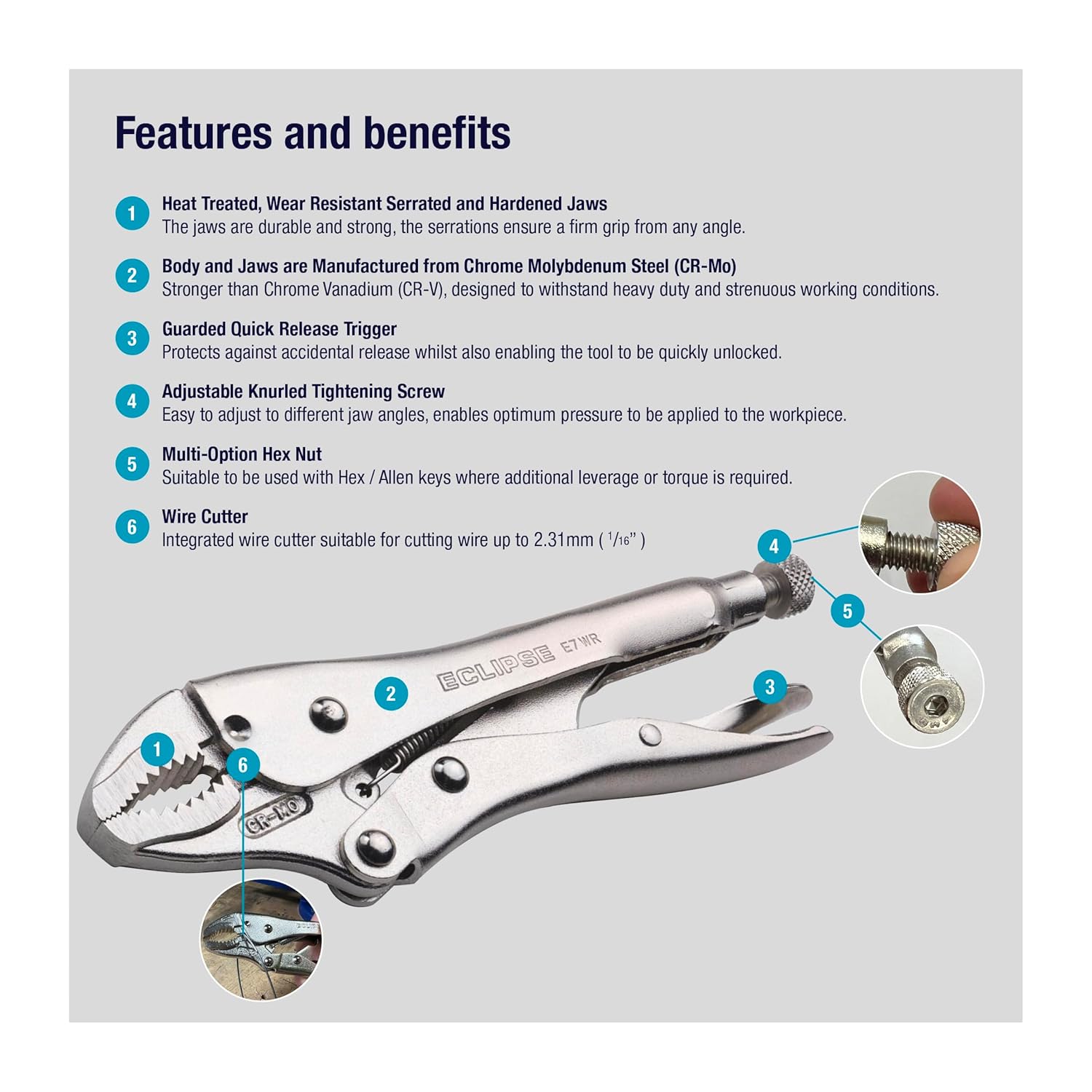 Eclipse E7WR Curved Jaw Locking Pliers with Wire Cutters, Chrome Molybdenum Steel, 7" Size, 1-1/2" Jaw Capacity