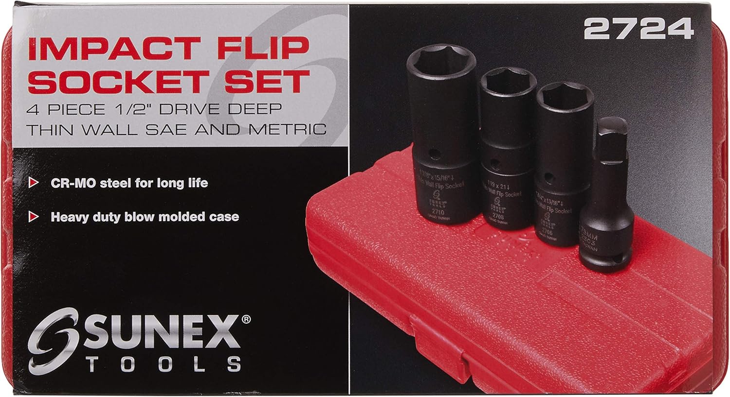 Sunex Tools 2724 1/2 in. Drive Deep Thin Wall Flip Socket Set, 4 pieces