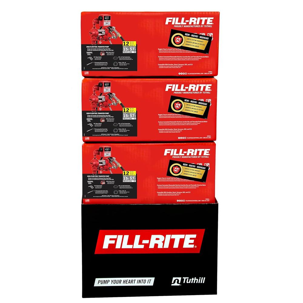 Fill-Rite FR1211HL 57 LPM, pompe 12 V CC, tuyau 3/4" X 12', buse manuelle 3/4", fil de terre 5', câble de batterie 18' calibre 12 à 2 fils, tuyau d'aspiration télescopique en acier (20" à 341 /2"), compteur de litres 807CL.
