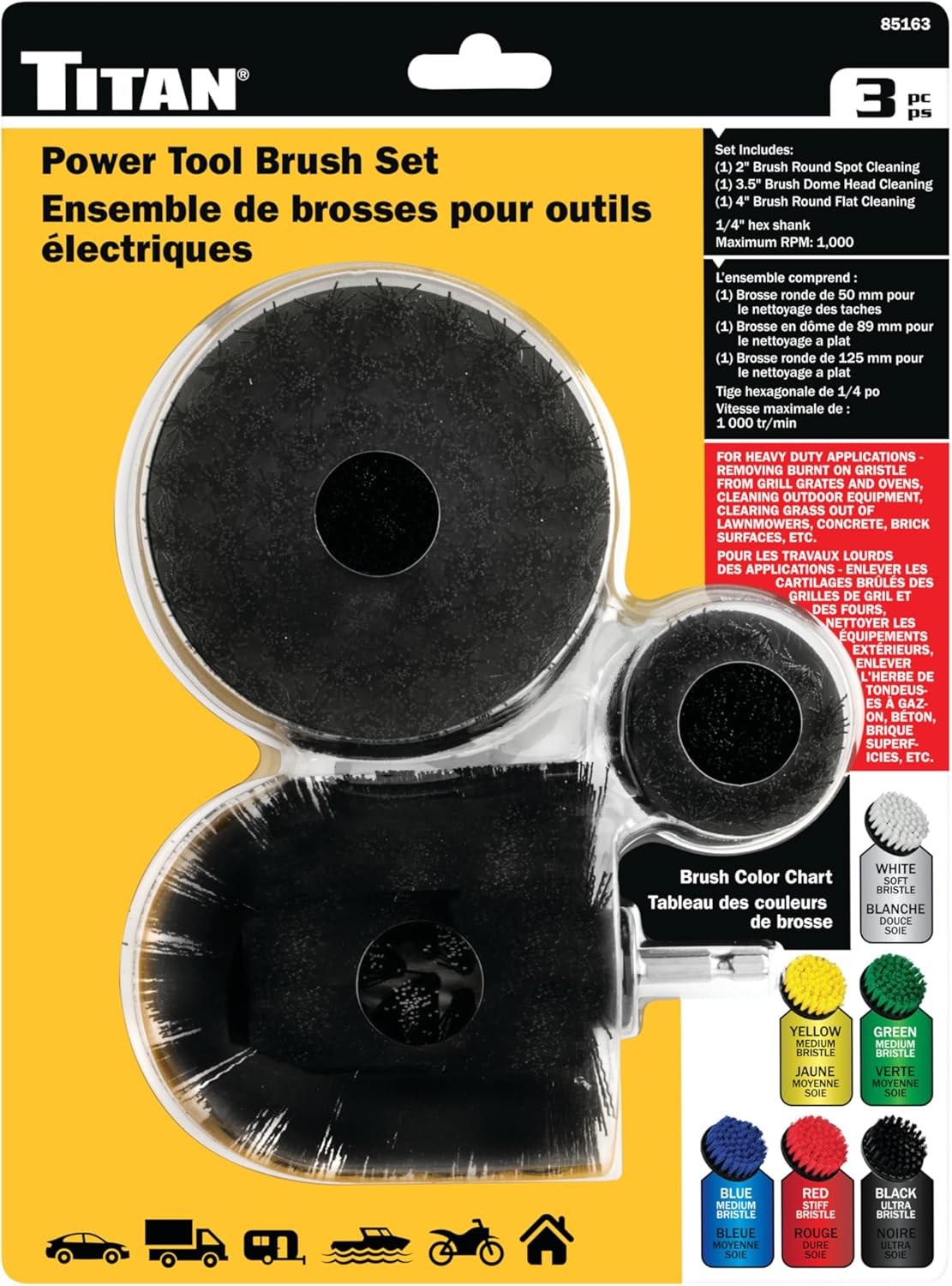 Titan Tools 85163 3pc 1/4" Hex Shank Cleaning Brush Set, 2", 3.5", 4", Max. 1000 RPM