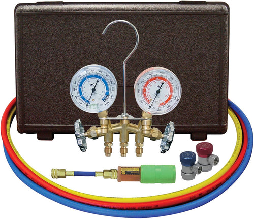 Collecteur en laiton Mastercool 84661-UV R134a, tuyaux de 60", coupleurs manuels et mini injecteur de colorant 10 applications