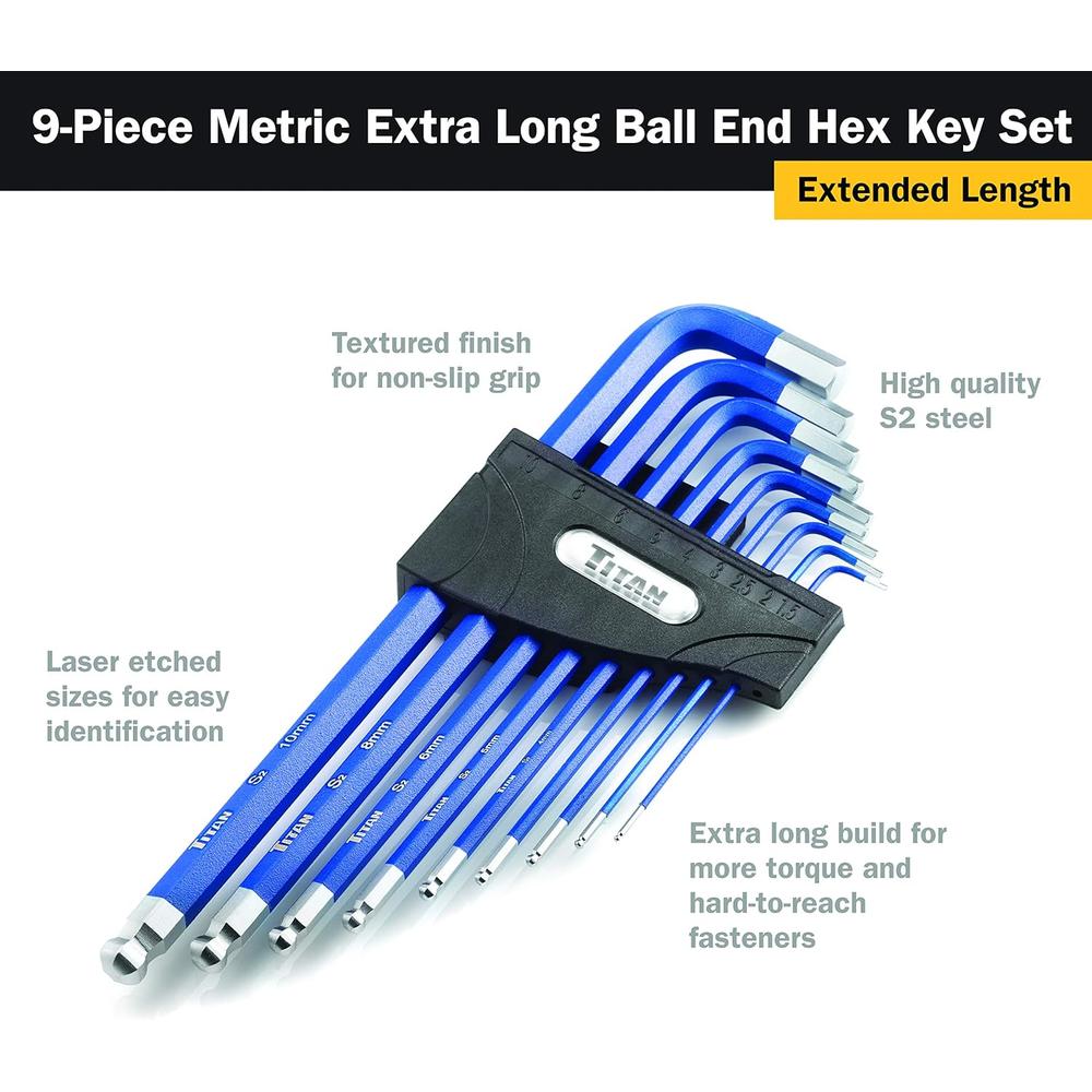 Titan Tools 12714 9 pieces Metric Extra Long Ball End Hex Key Set