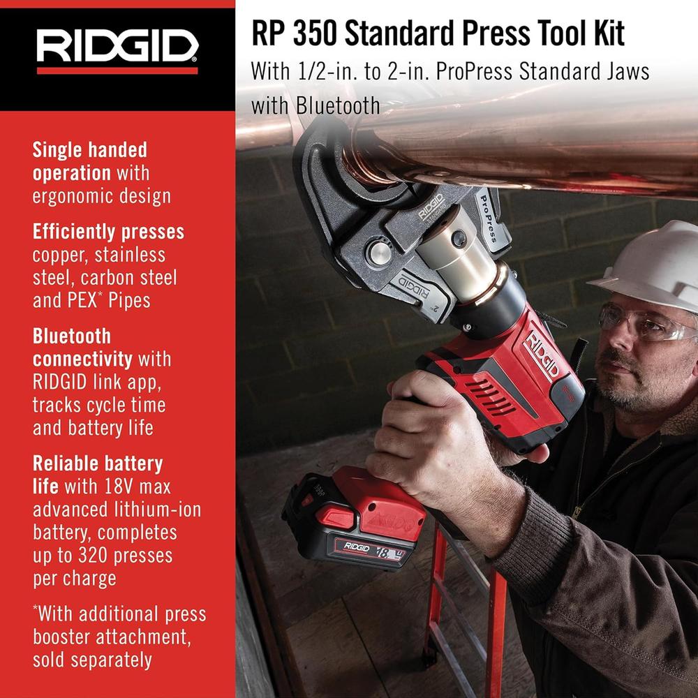 Ridgid 67053 RP 350 Pistol-Grip Press Tool With 18V 2.5Ah Battery, 1/2" - 2" Propress Jaws