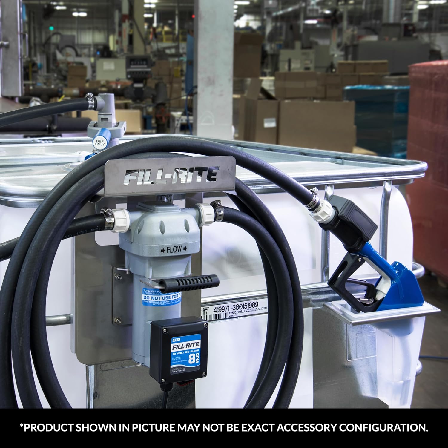 Fill-Rite DF012CAN520-RP 12V DC DEF Pump, Cage IBC Mount Bracket, Nozzle Boot, Automatic Nozzle, 5' Suction Hose, 20' Discharge Hose, Fittings, Micro Matic RPV