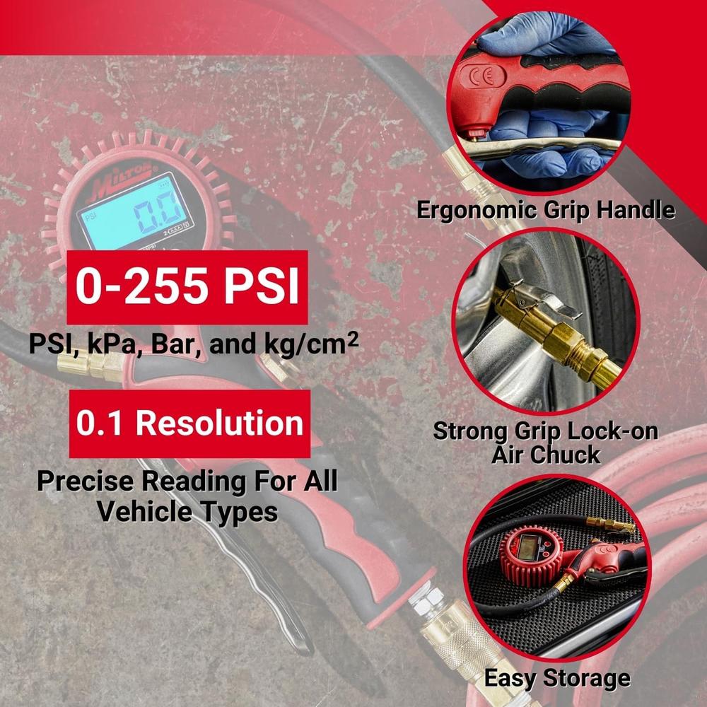 Milton Industries S-568 Digital Pistol Grip Inflator Gauge Euro Chuck