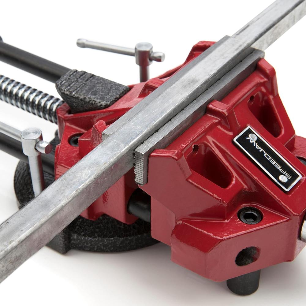SPEEDJAW 4-Inch Low-Profile Bench Vise, Ratcheting Handle, Detachable Posi-clock Base Mount, Durable Steel Jaws
