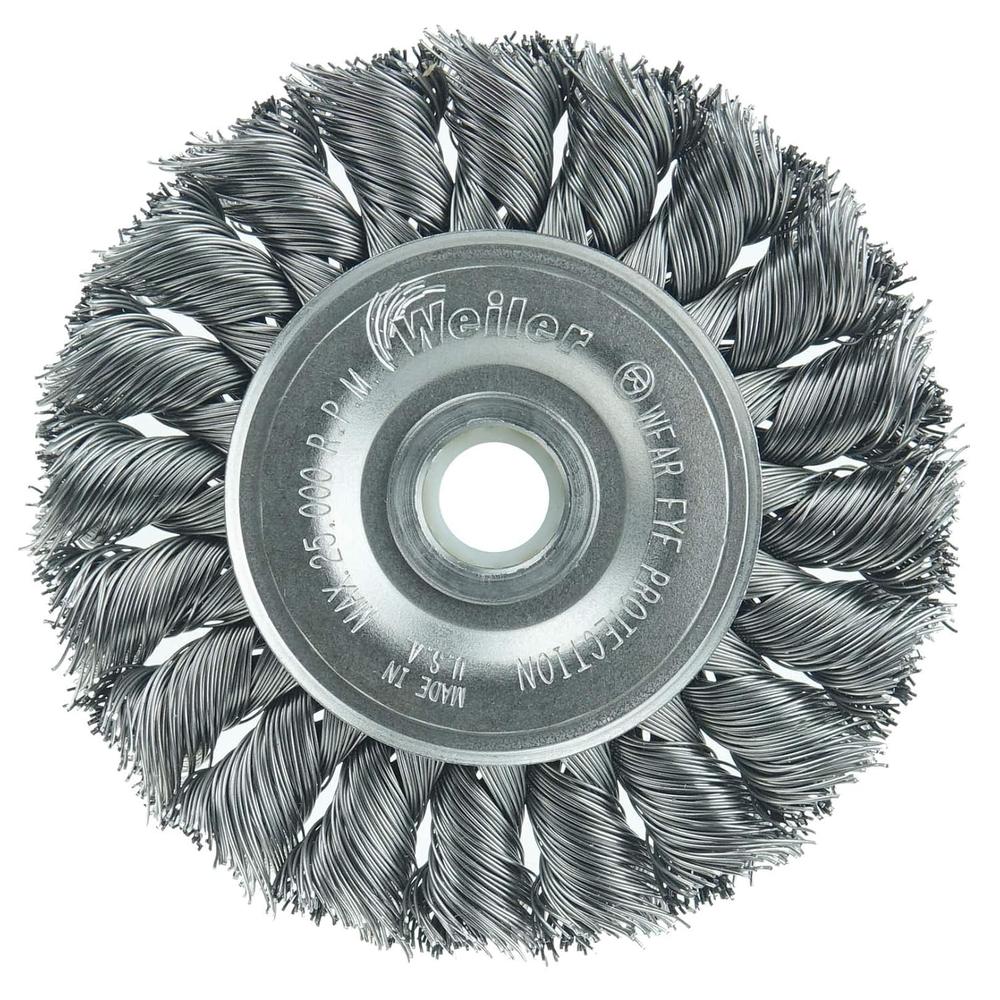 Weiler 08014 Arbre Dulife 1/2"-3/8". Taille de fil de 0,014 po. Diamètre de 3 po. Largeur de face de 3/8 po. Brosse métallique standard à nœud torsadé avec poils en acier