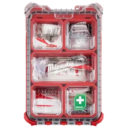Milwaukee Tool PACKOUT First Aid Kit Type II top view showing organized contents in clear-lid organizer