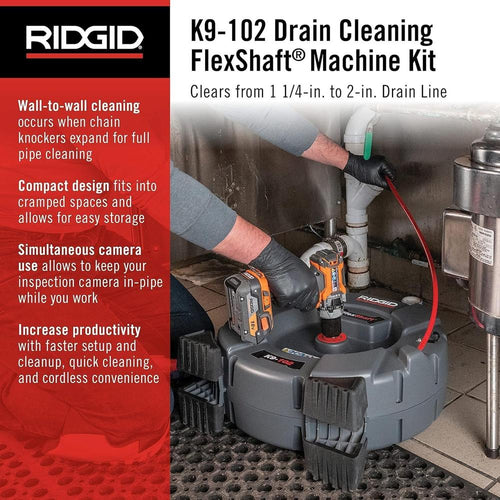 Ridgid 64263 Flexshaft, K9-102 Drain Cleaning Machine For 1-1/4 - 2" Pipes; Includes: 50' 1/4" Cable and Kit