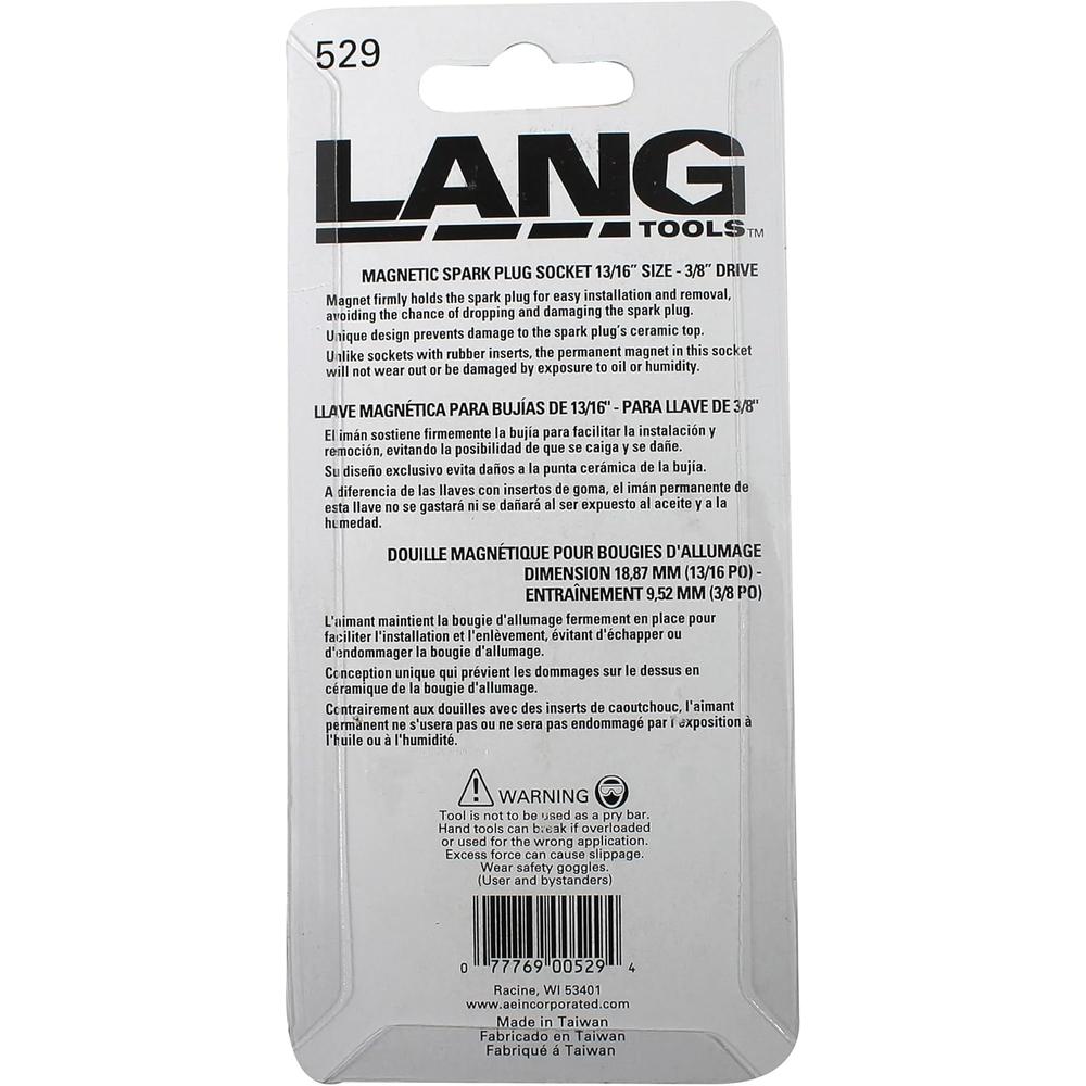 Lang Tools 529 Magnetic Spark Plug Socket - 13/16" Size, 3/8" Dr.