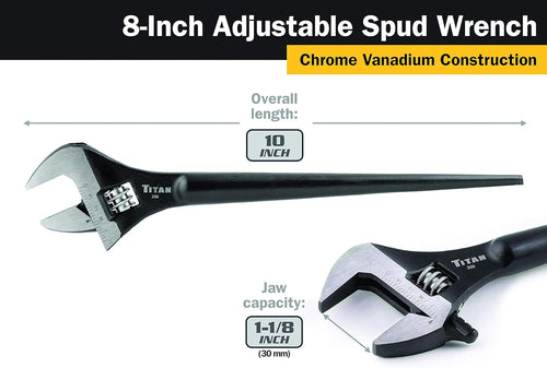 Titan Tools 209 8" Long Adjustable Construction Wrench With Tapered Handle, 1-1/8" Opening