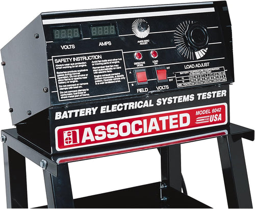 Associated Equipment Model 6042 Battery Electrical Systems Tester with dual digital displays for volts and amps, load adjust control, and steel stand, Made in USA