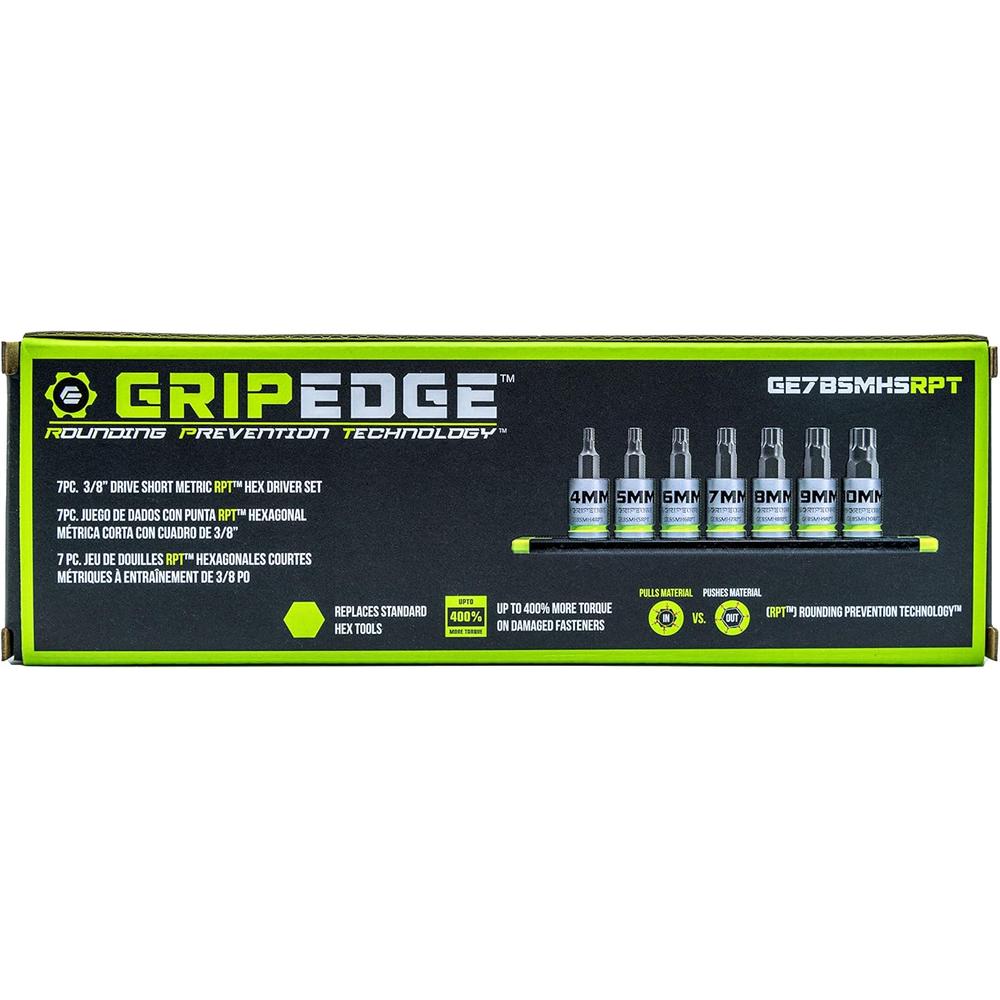 GripEdge GE7BSMHSRPT 7pc 3/8" Dr. Short Metric RPT Hex Driver Set, 4mm - 10mm
