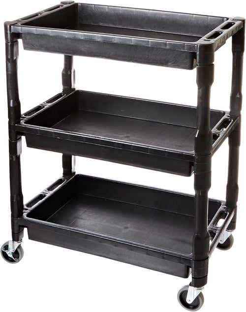 ATD Tools 7017 Heavy-Duty Black Plastic 3-Shelf Utility Cart with 4 swivel casters