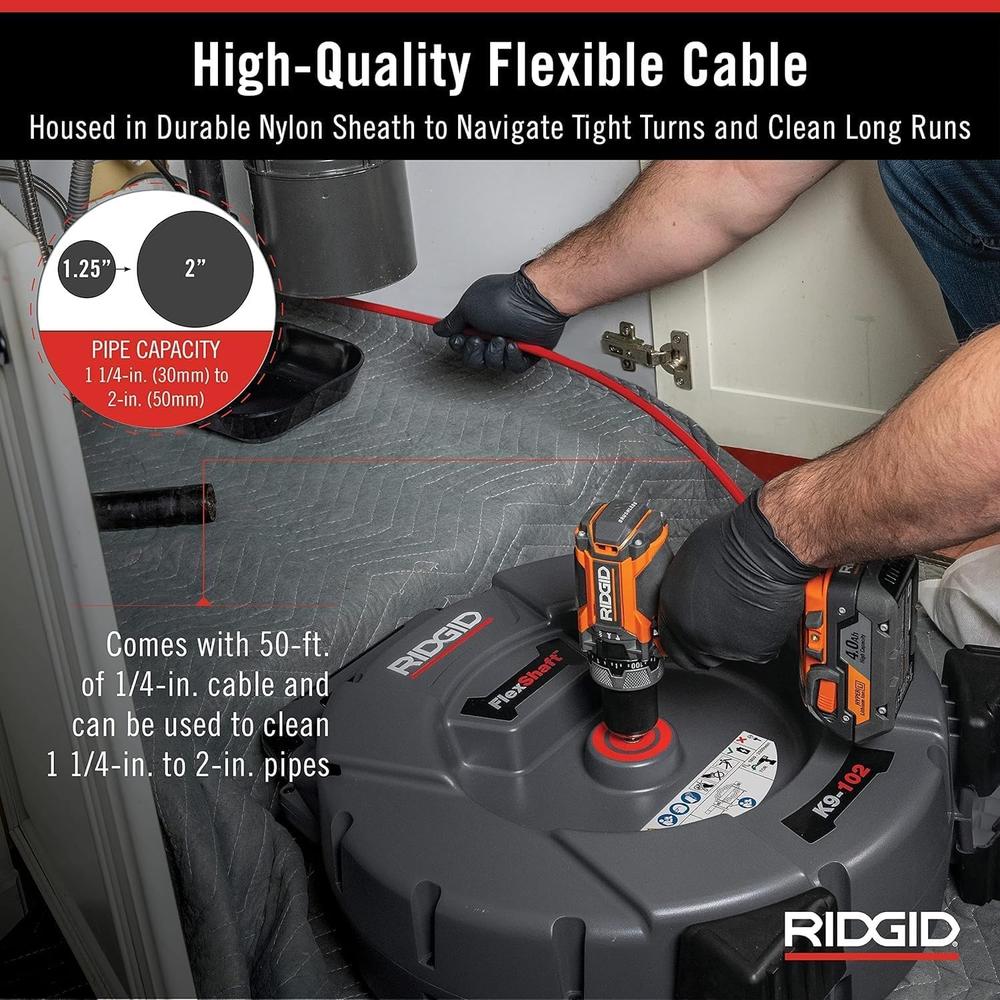 Ridgid 64263 Arbre flexible, machine de nettoyage de canalisations K9-102 pour tuyaux de 1-1/4 à 2" ; comprend : un câble et un kit de 50' 1/4"