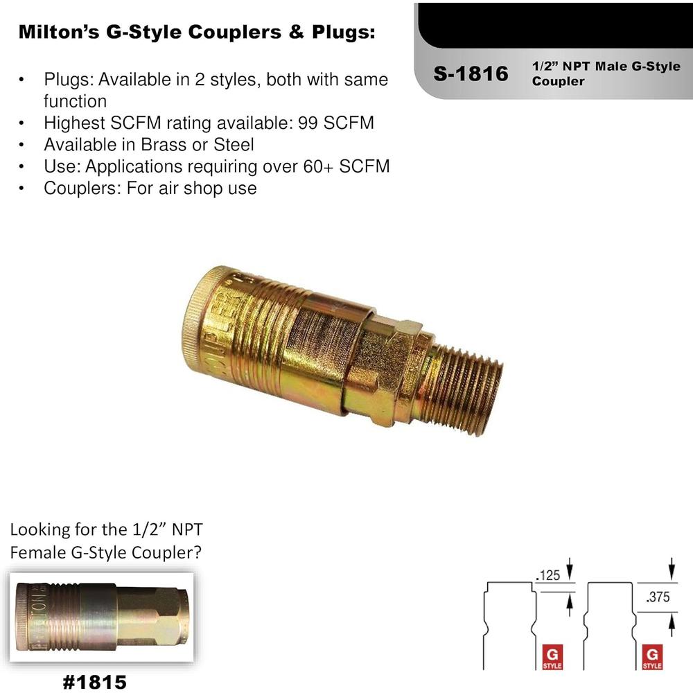 Milton Industries S-1816 1/2" MNPT G Style Coupler