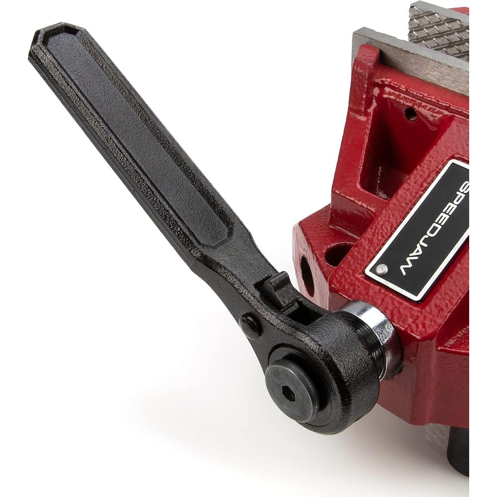 SPEEDJAW 4-Inch Low-Profile Bench Vise, Ratcheting Handle, Detachable Posi-clock Base Mount, Durable Steel Jaws