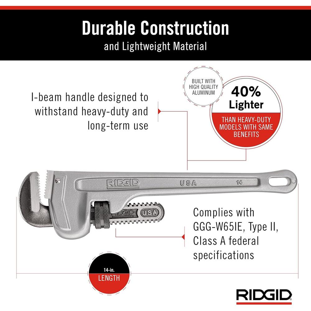 RIDGID 31095 Model 814 Aluminum Straight Pipe Wrench, 14-inch Plumbing Wrench