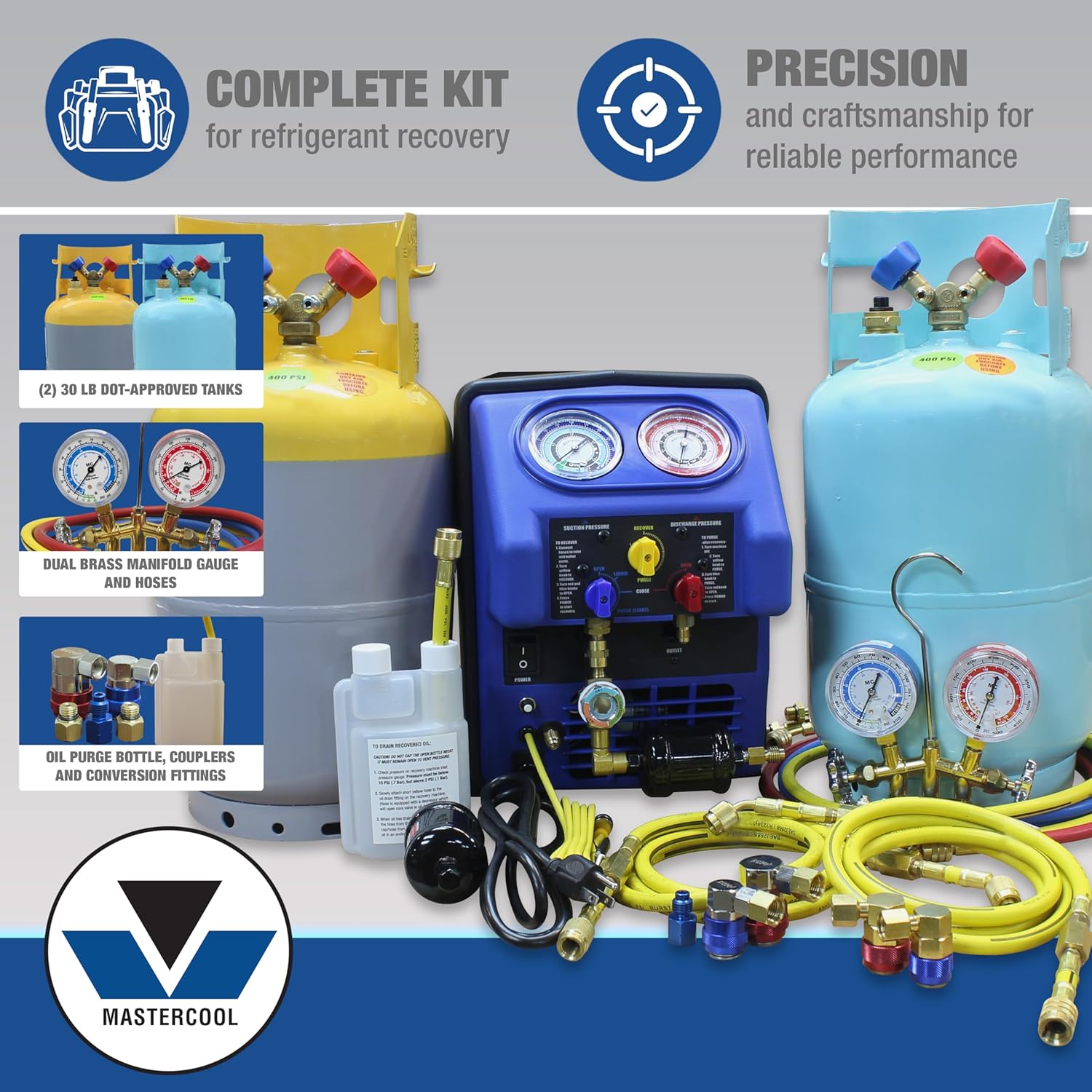 Mastercool 69372 R134A/R1234YF ENSEMBLE COMPLET DE RÉCUPÉRATION DE CLIMATISATION AVEC (2) RÉSERVOIRS DOT DE 30 LB, COMPATIBLE AVEC TOUS LES RÉFRIGÉRANTS DE CLIMATISATION, Y COMPRIS LES RÉFRIGÉRANTS INFLAMMABLES A2L ET A3