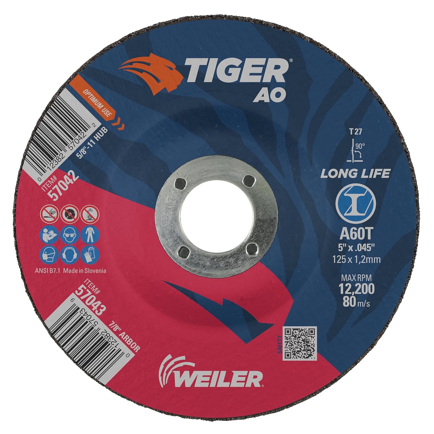 Weiler 57043 5" x 0.045" Tiger Type 27 Thin Cutting Wheel. A60T. 7/8" A.H. (Pack of 25)