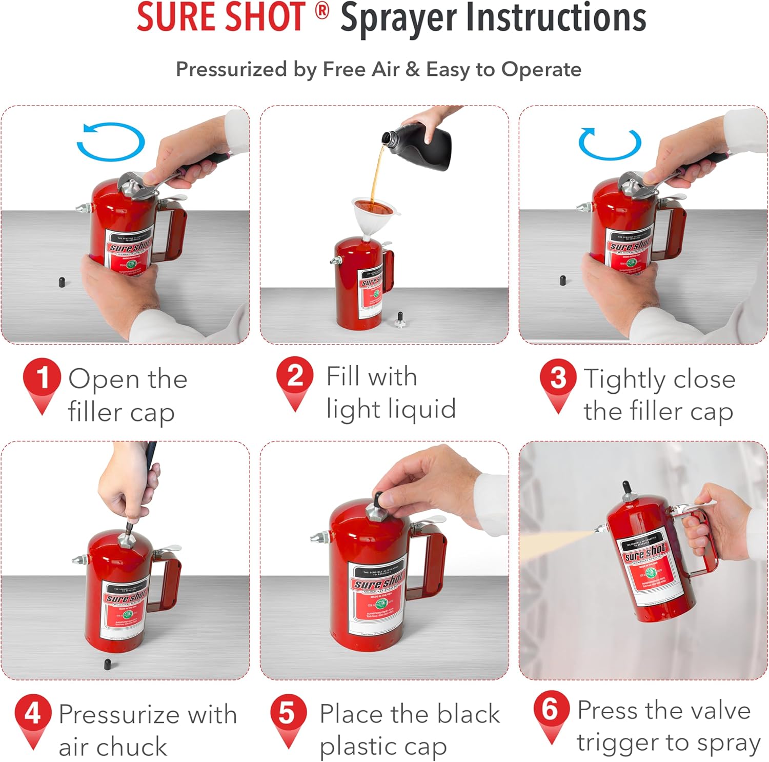 Sure Shot A1000R Sprayer step-by-step usage instructions - fill, pressurize with air chuck, and spray