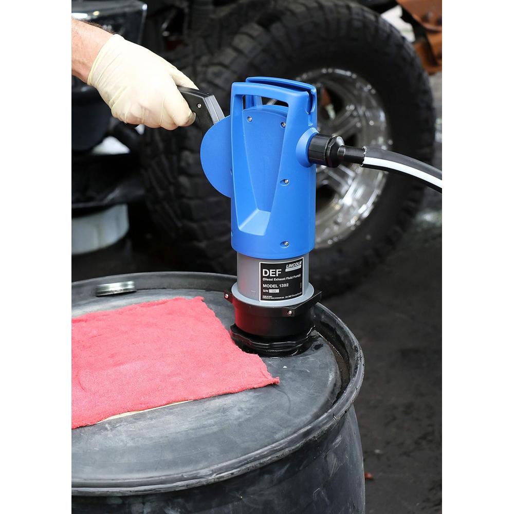 Lincoln 1392 Lever Action Self-Priming DEF Compatible Fluid Transfer Pump With 2 Inch Bung Mounts and Locking Ring to Enable Custom Pump Positioning when Drum Mounting