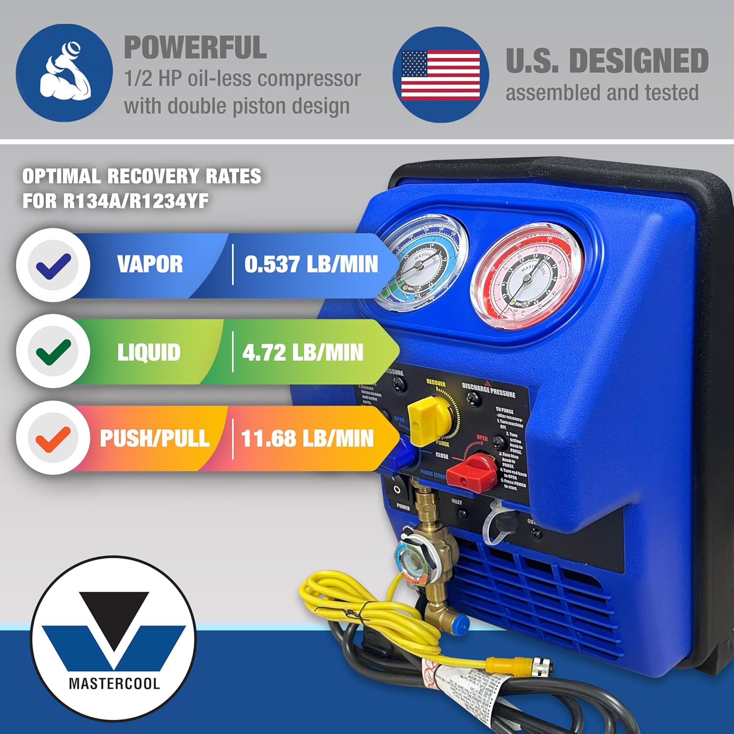 Mastercool 69372 R134A/R1234YF ENSEMBLE COMPLET DE RÉCUPÉRATION DE CLIMATISATION AVEC (2) RÉSERVOIRS DOT DE 30 LB, COMPATIBLE AVEC TOUS LES RÉFRIGÉRANTS DE CLIMATISATION, Y COMPRIS LES RÉFRIGÉRANTS INFLAMMABLES A2L ET A3