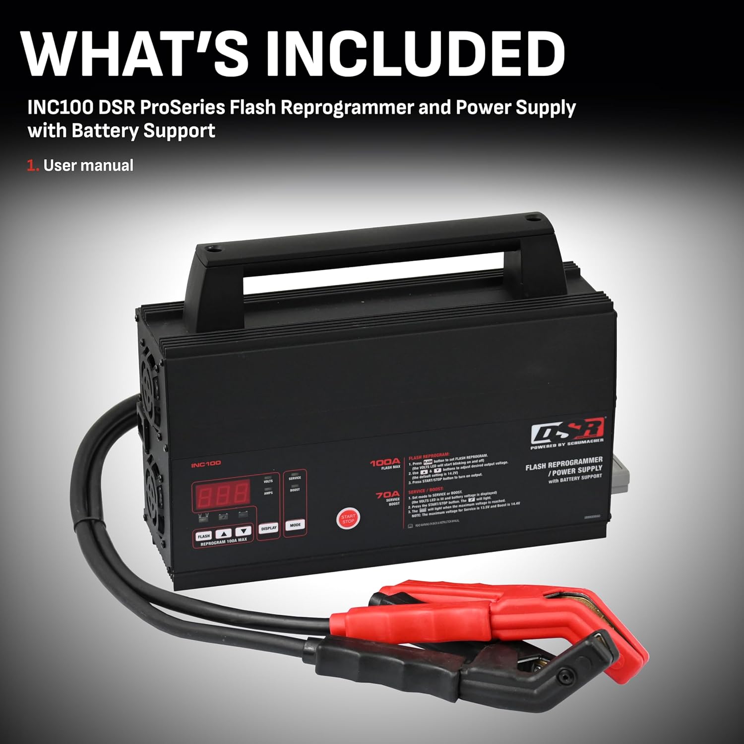 Schumacher Electric DSR ProSeries INC100 Chargeur de batterie 100 A 12 V, reprogrammeur flash et alimentation avec support de batterie, supports de montage réglables inclus