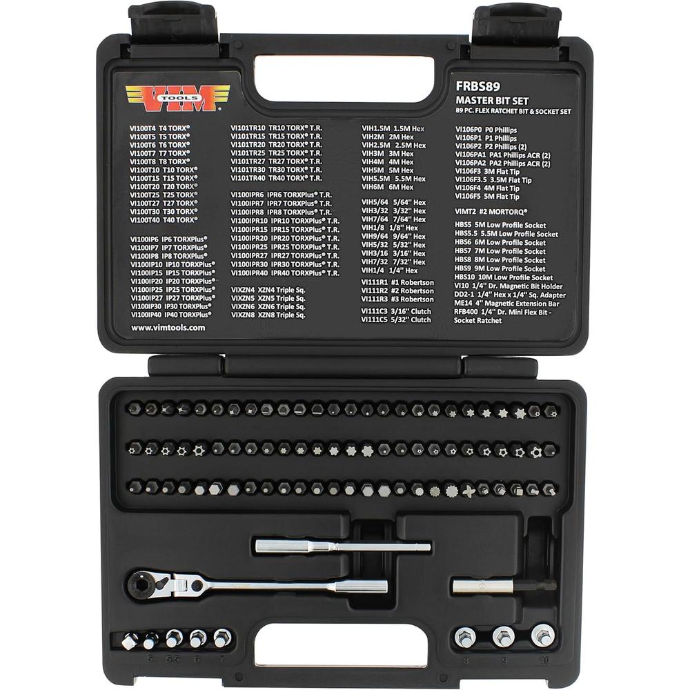 Vim Tools FRBS89 Jeu d'embouts principaux de 89 pièces avec cliquet flexible 1/4"