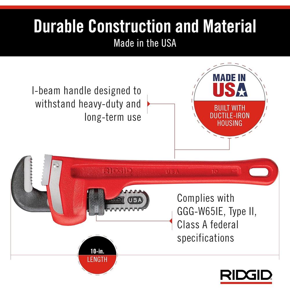 RIDGID 31010 Model 10 Heavy-Duty Straight Pipe Wrench, 10-inch Plumbing Wrench