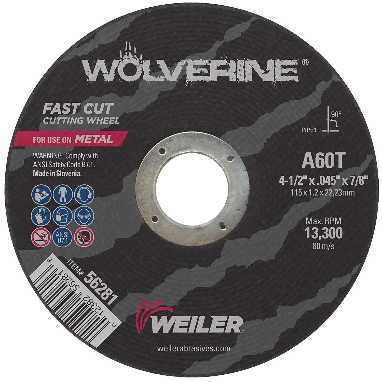 Weiler 56281 4-1/2" X .045" Wolverine Type 1 Cut-Off Wheel, A60T, 7/8" A.H. (Pack of 25)