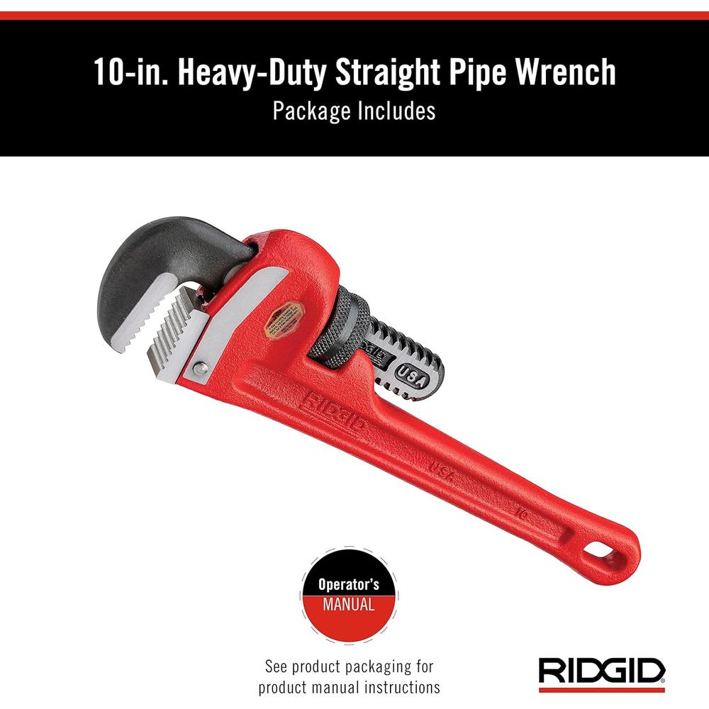 RIDGID 31010 Model 10 Heavy-Duty Straight Pipe Wrench, 10-inch Plumbing Wrench