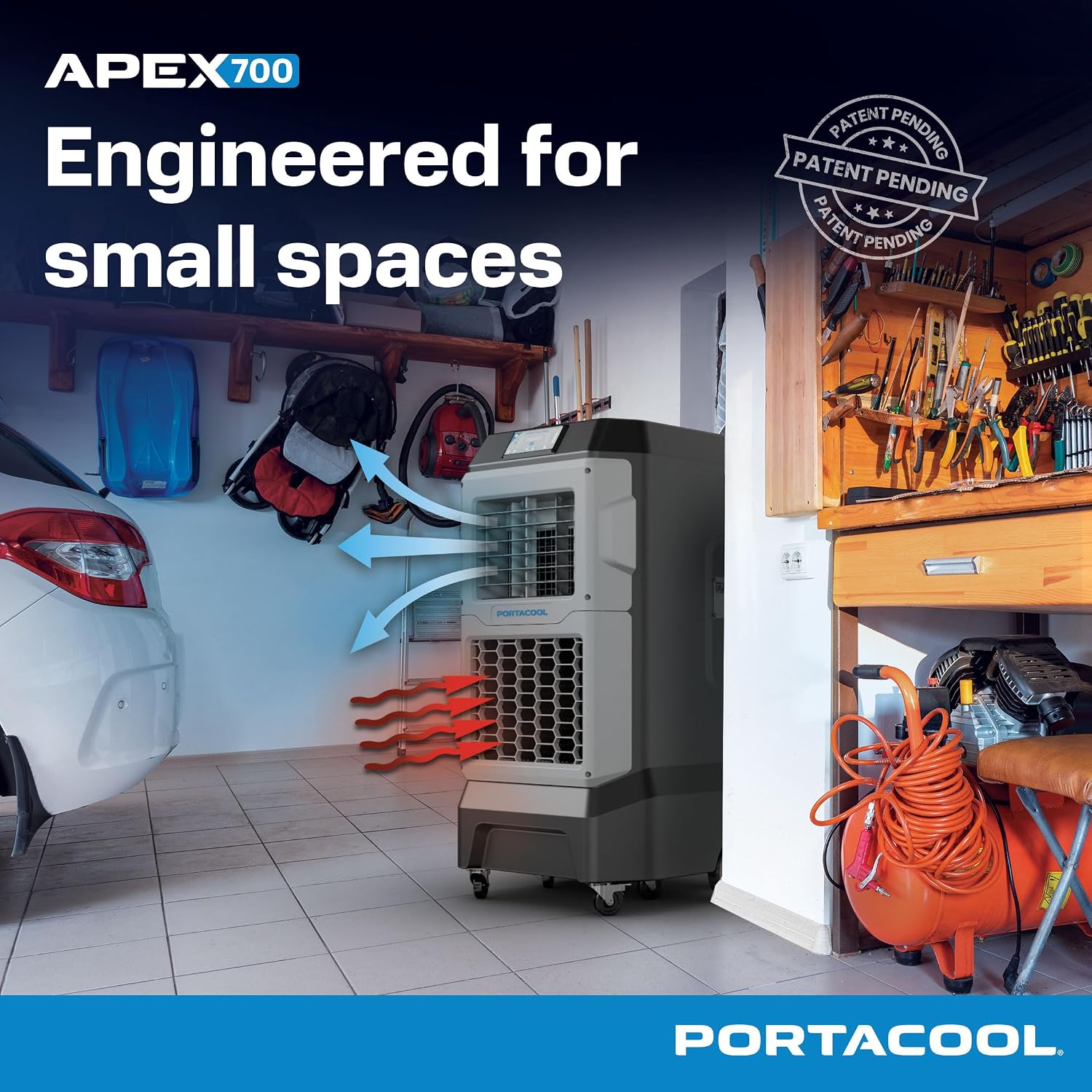 Portacool Apex 700 evaporative cooler in garage, engineered for small spaces lifestyle shot