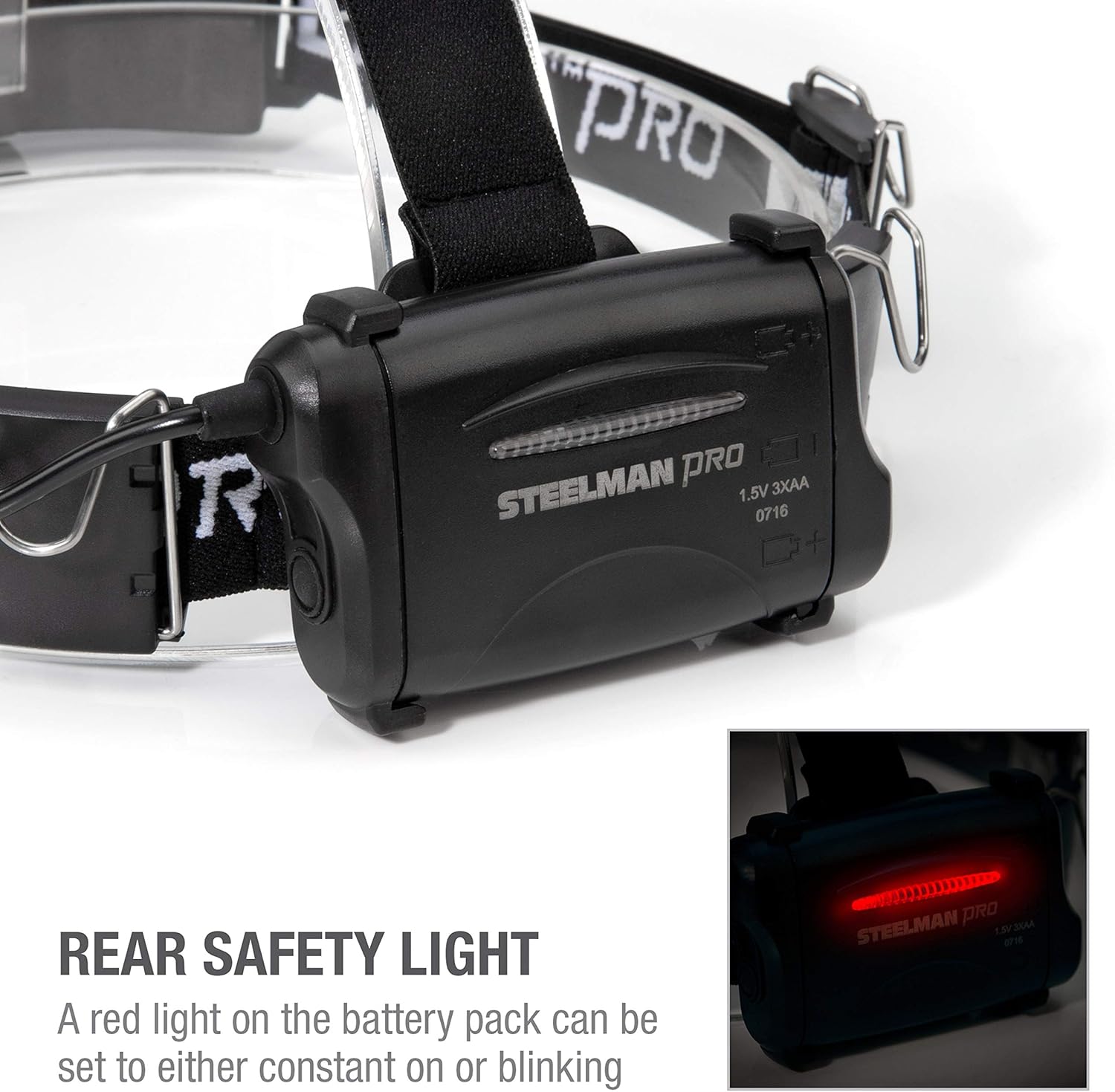 Steelman Pro 79052 Slim Profile LED 250-Lumen Motion Activated Headlamp With Rear Red Blinker, 3xAA Battery Powered