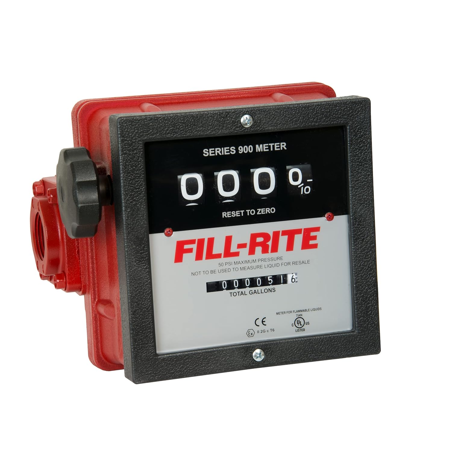 Compteur Fill-Rite 901CL de 23 à 151 LPM. Précision de ± 2 %. Registre des litres, débit de gauche à droite, filetage NPT de 1 po. Registre - Totalisateur réinitialisable à 4 chiffres (9 999), totalisateur non réinitialisable à 8 chiffres (99 999 999).
