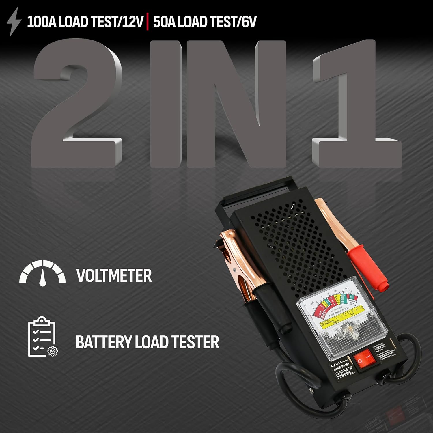 Schumacher BT-100 2-in-1 Battery Load Tester and Voltmeter, 100A 12V and 50A 6V load test capability