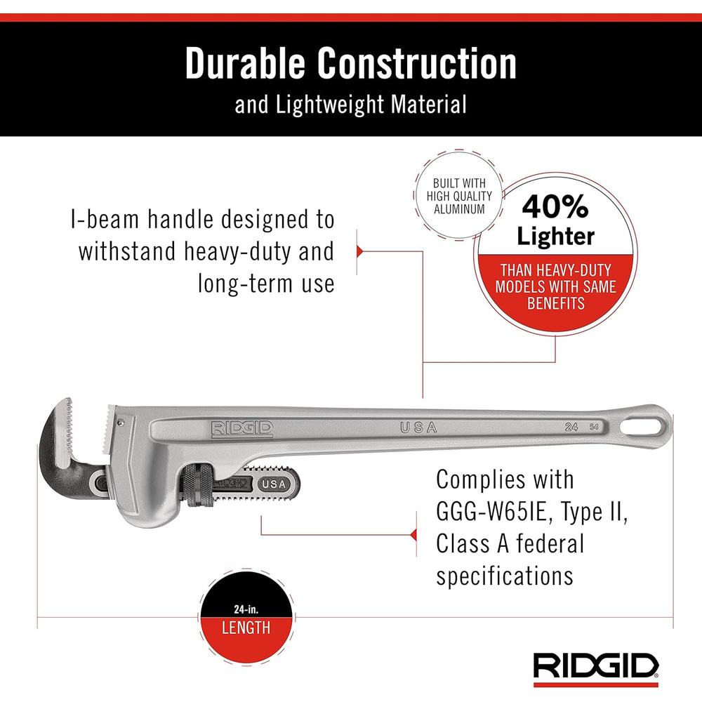 Ridgid 31105 Modèle 824 Clé à tube droite en aluminium, clé de plomberie 24"