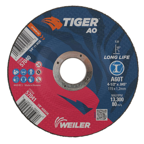 Weiler 57041 4-1/2" x 0.045" Tiger Type 27 Thin Cutting Wheel. A60T. 7/8" A.H. (Pack of 25)