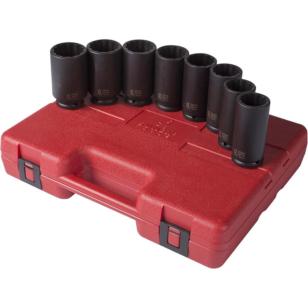 Sunex Tools 2835 Jeu de douilles à chocs pour écrou de broche profond, 1/2 po, métrique, standard, 12 pans, Cr-Mo, 29 mm - 39 mm, 8 pièces