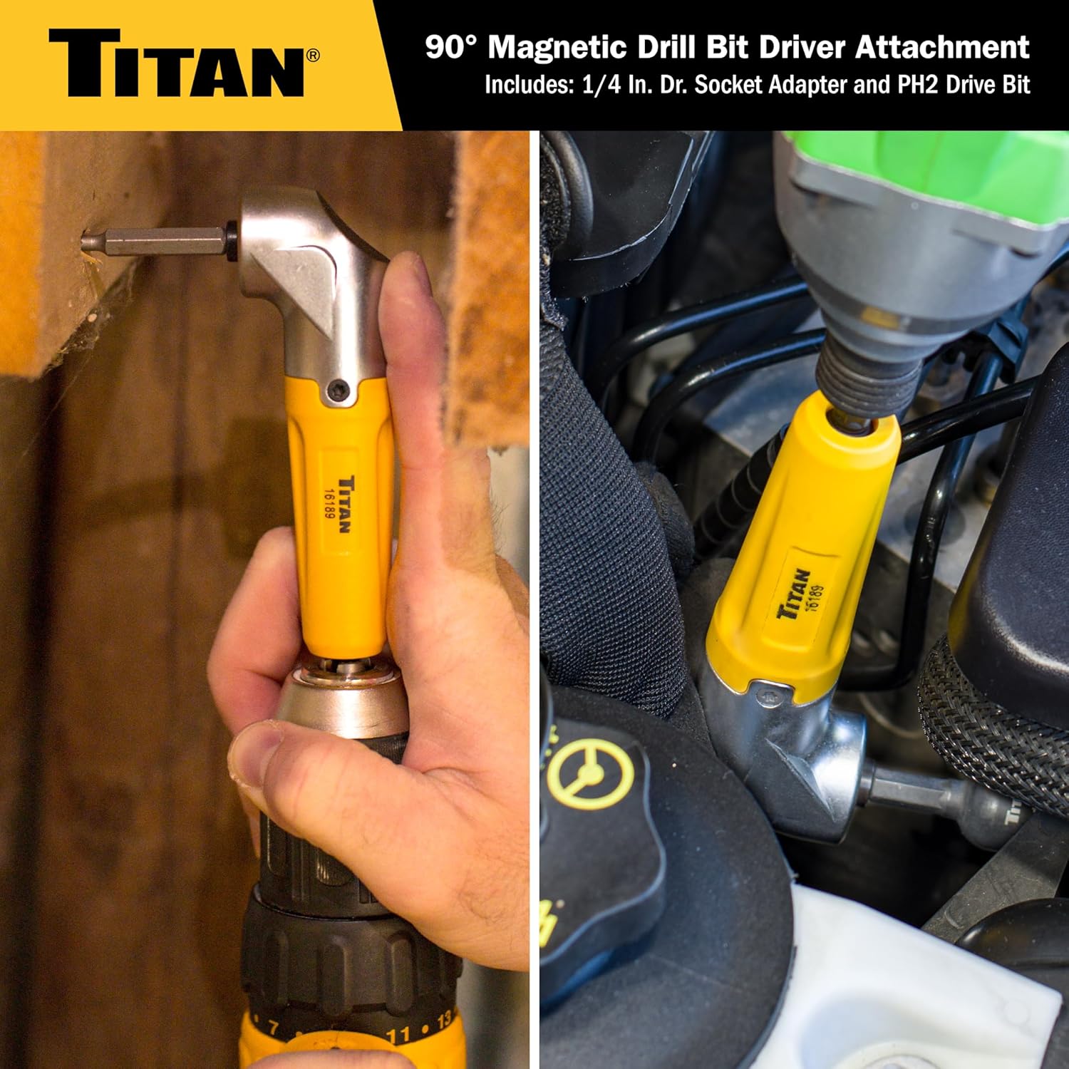 Titan Tools 16189 Perceuse magnétique à 90° et tournevis à embout, qualité impact, tige hexagonale 1/4"