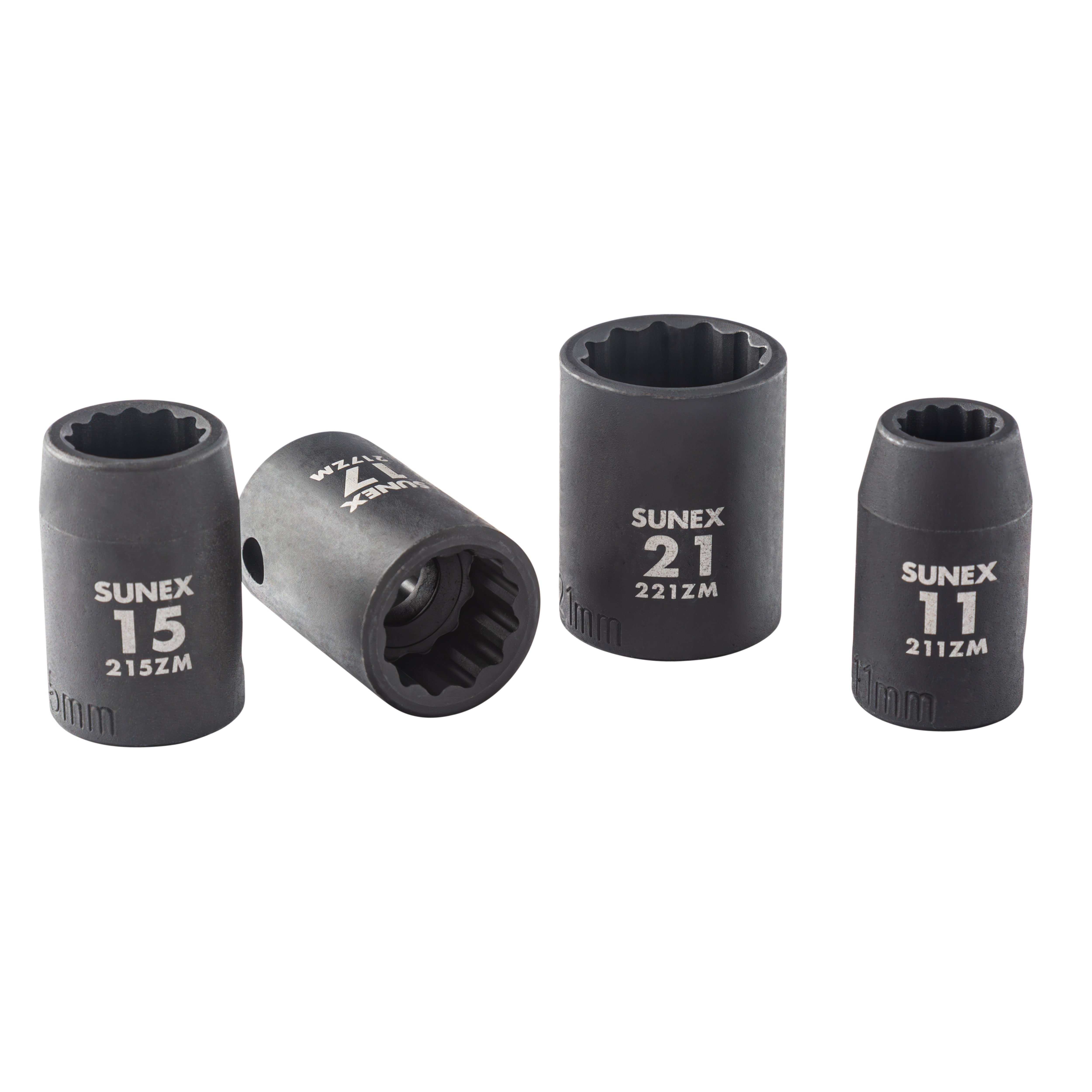 Sunex Tools 2679A 1/2" drive metric 12-point impact sockets 11mm, 15mm, 17mm, 21mm detail view