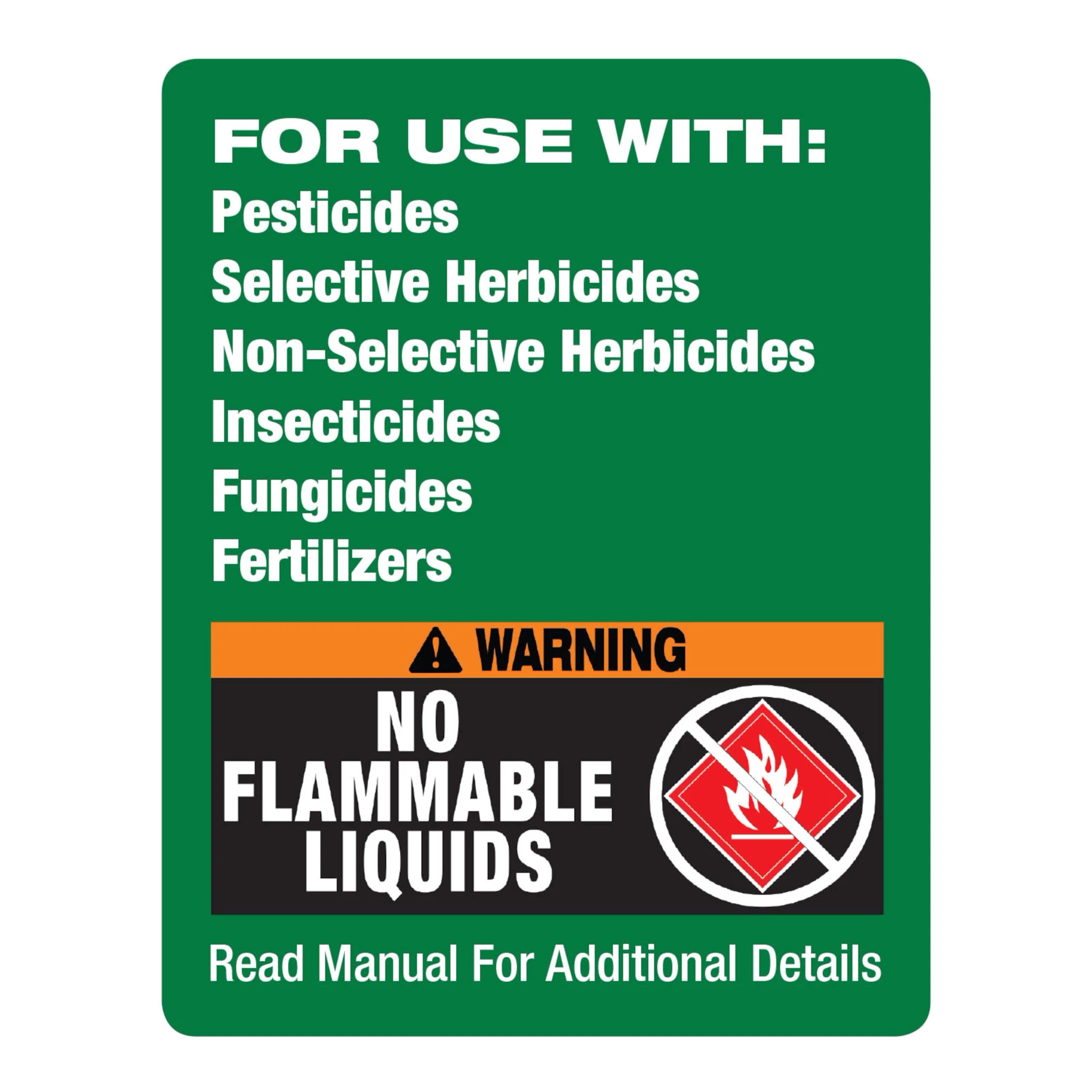 Milwaukee Tool M12 Handheld Sprayer compatible chemicals graphic: pesticides, herbicides, insecticides, fungicides, fertilizers, no flammable liquids warning