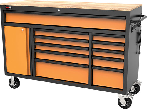 TOBEQ RCBT611123ORBK 61-Inch 11-Drawer Roller Cabinet in Orange and Black with solid wood top work surface and heavy-duty casters