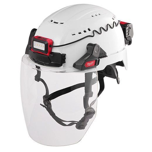 Milwaukee Tool 2118-21 BOLT REDLITHIUM USB Headlamp mounted on BOLT hard hat with full face shield and visor