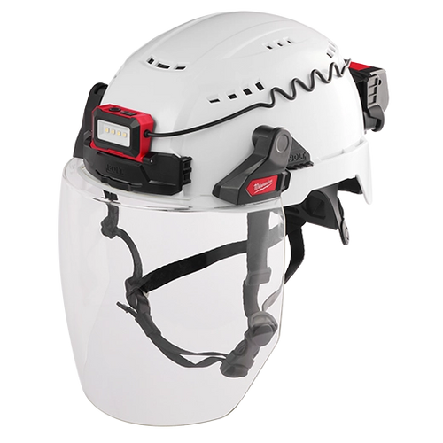 Milwaukee Tool 2118-21 BOLT REDLITHIUM USB Headlamp mounted on BOLT hard hat with full face shield and visor