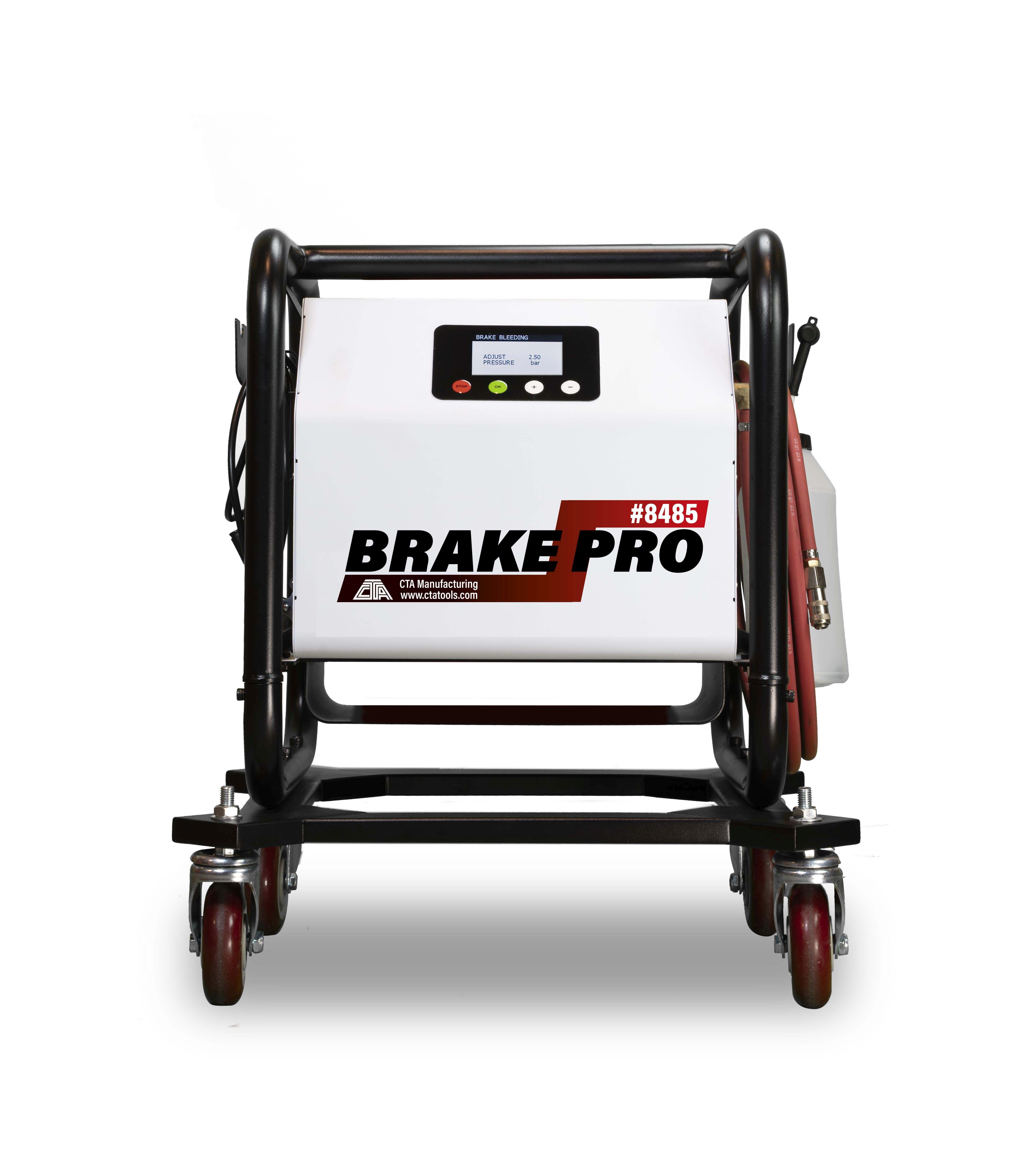 CTA Tools 8485 Brake-Pro Electric Pressure Brake Bleeder Short Frame, front view with LCD panel and caster wheels