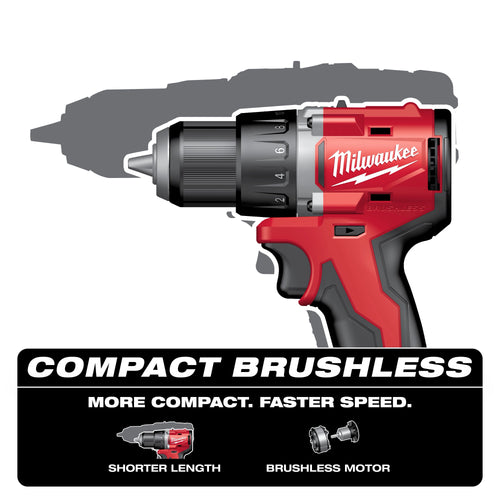 Milwaukee Tool 3601-20 M18 Compact Brushless Drill/Driver - More Compact, Faster Speed infographic