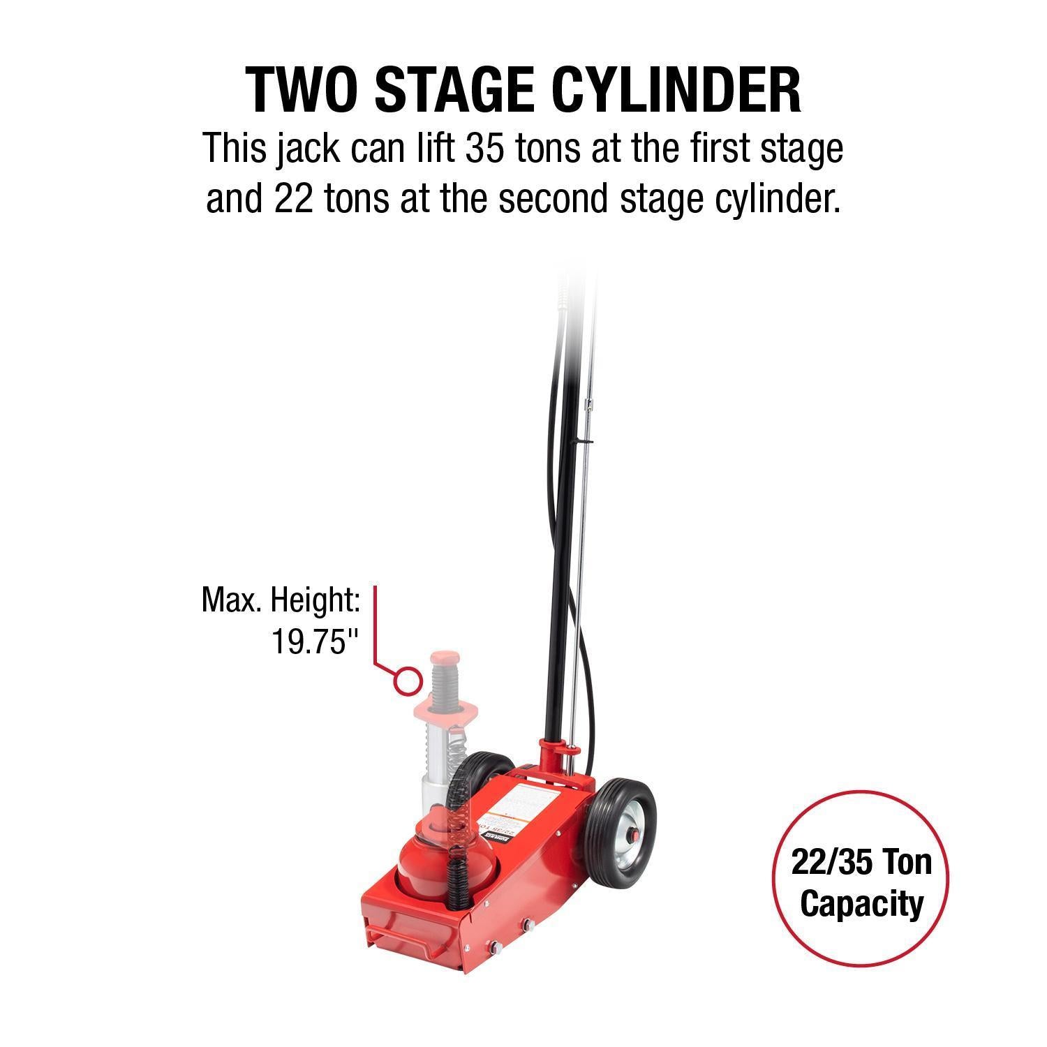Sunex Tools 6635 two-stage cylinder diagram showing 22/35 ton capacity and 19.75 in max height