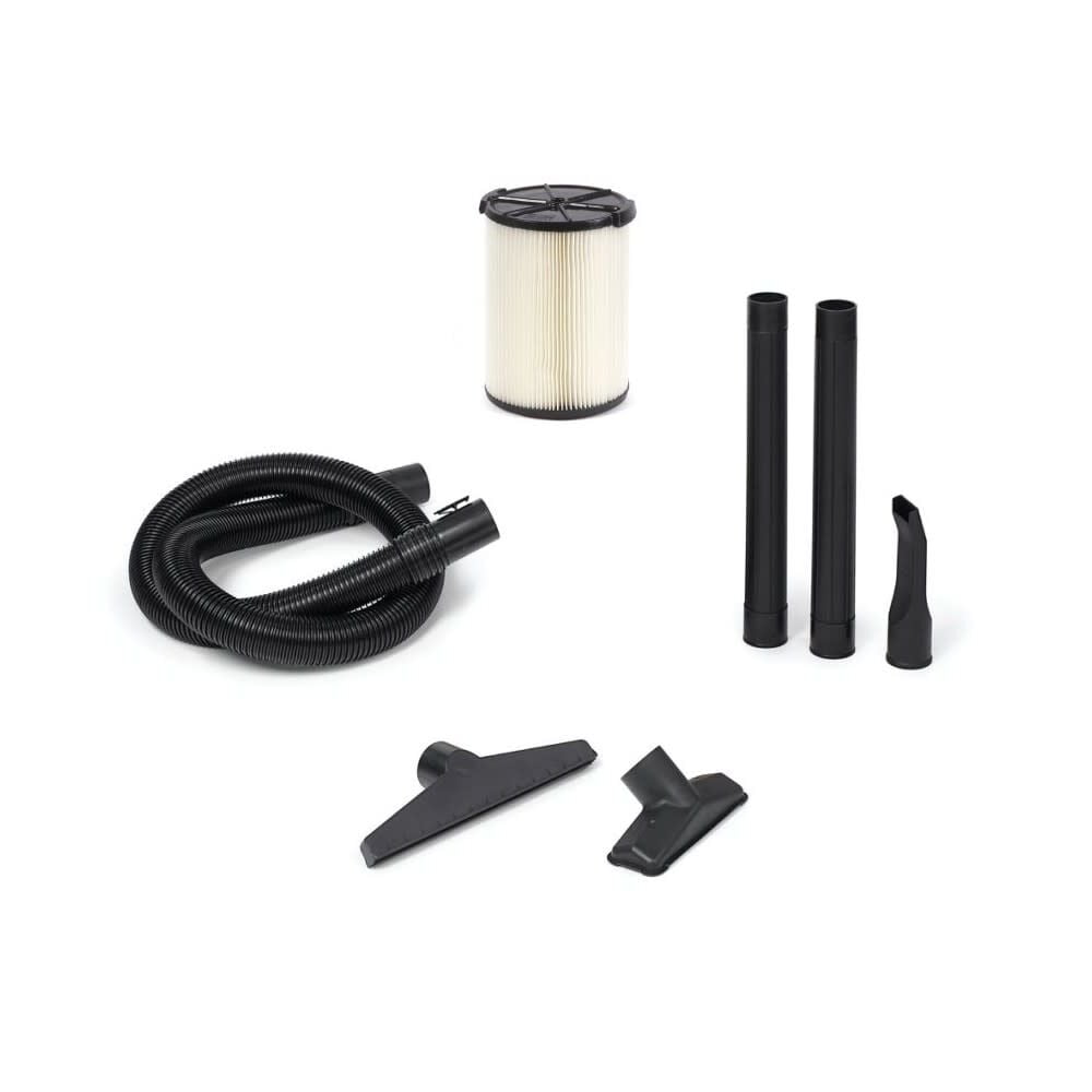 Ridgid wet/dry vac accessory kit showing hose, filter, extension wands, and nozzles